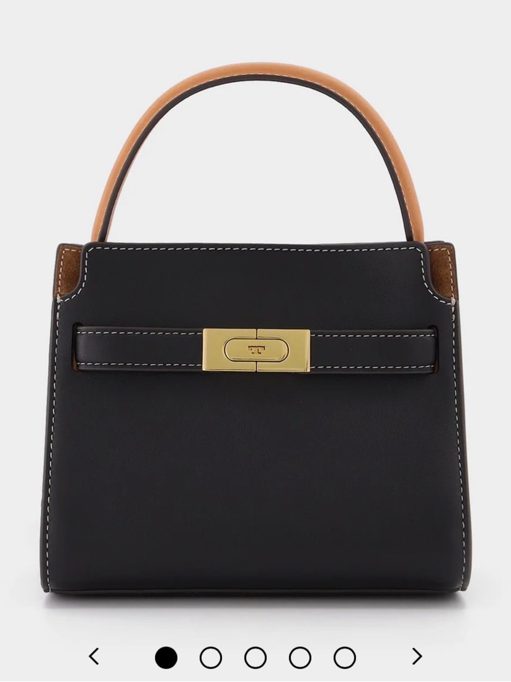 Tory Burch Black Satchel with Tan Top Handle and Gold Hardware